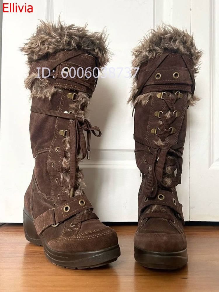 Women Round Toe Fur Trim Knee  - Elastic Lace Trim ulasan dan harga