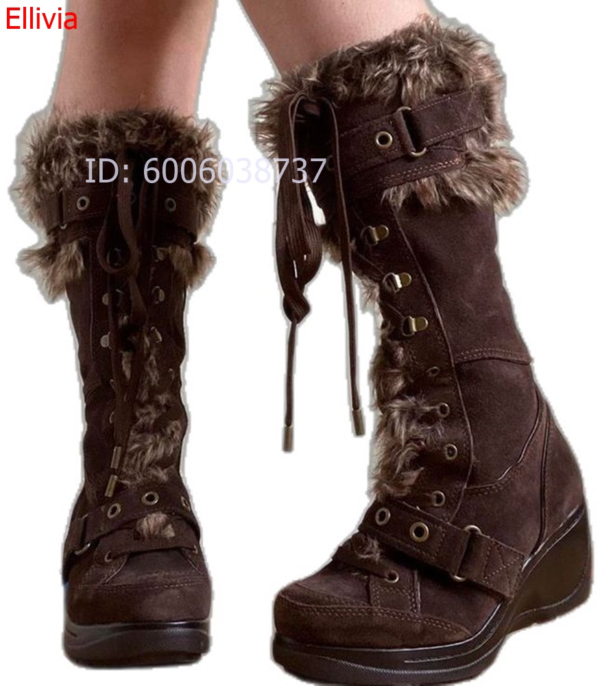 Women Round Toe Fur Trim Knee  - Elastic Lace Trim ulasan dan harga