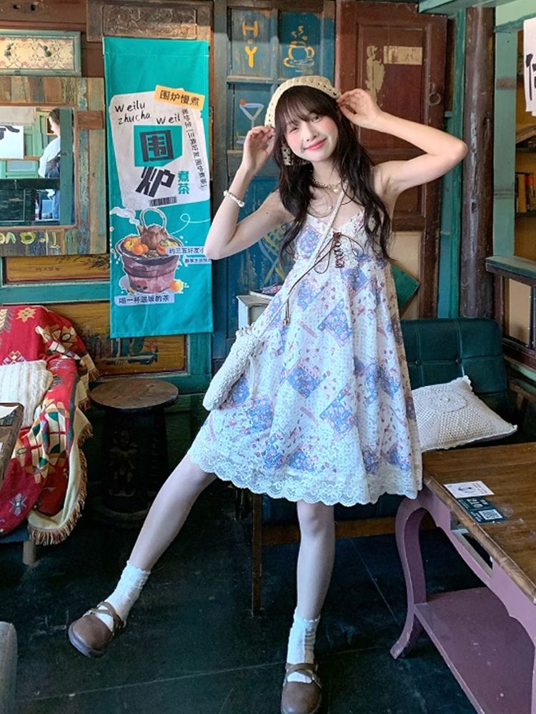 Summer Vintage Cami Dress Set  - Elastic Lace Trim ulasan dan harga